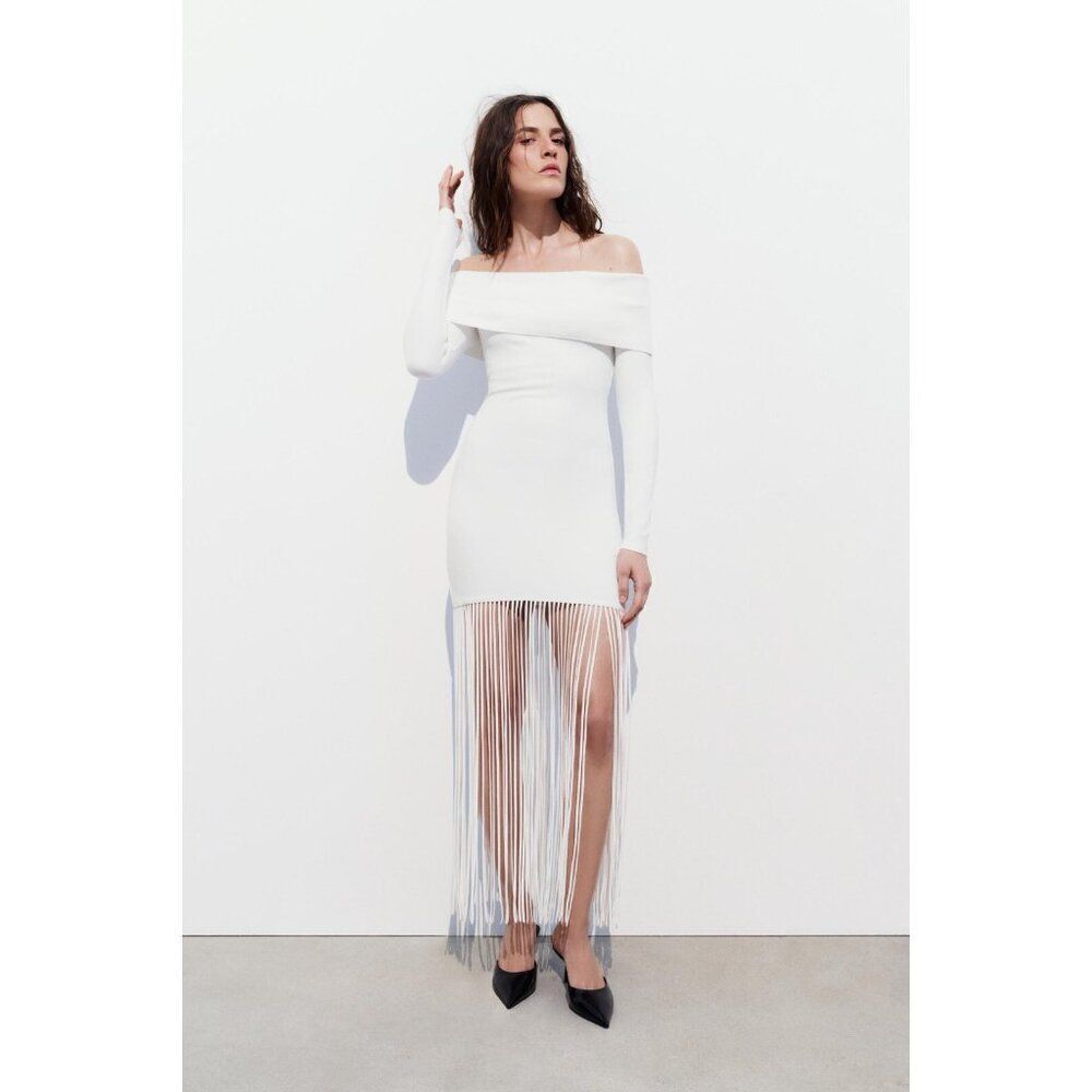 Zara Womens Fringe Dress M White Knit Off The Shoulder Long Sleeve 5584/155 NWT